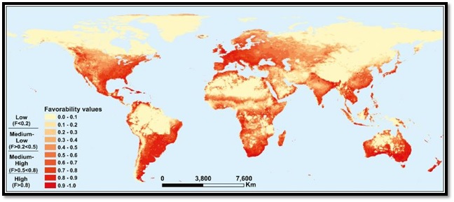 El modelo matemático identificó las zonas donde ya está la cotorra argentina y donde tiene grandes posibilidades de establecerse (indicados con tonos más oscuros). Créditos: Universidad de Málaga, España.