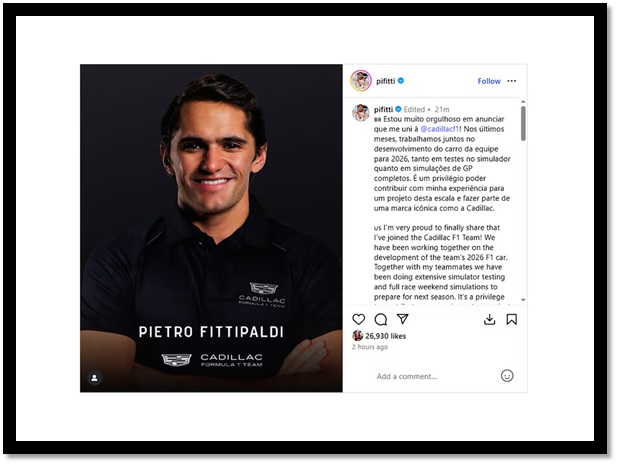 El brasileño Pietro Fittipaldi será uno de los tres pilotos de simulador de Cadillac