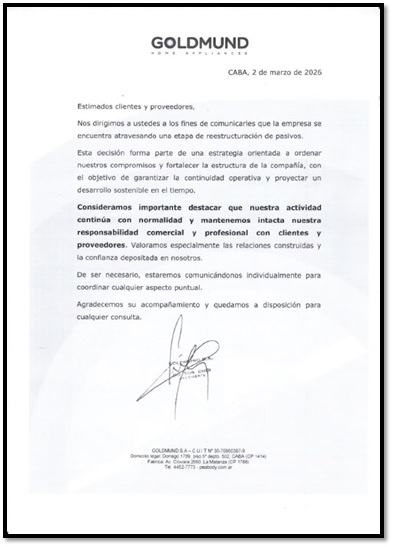 Esta es la carta que Goldmund envió a clientes y proveedores el lunes