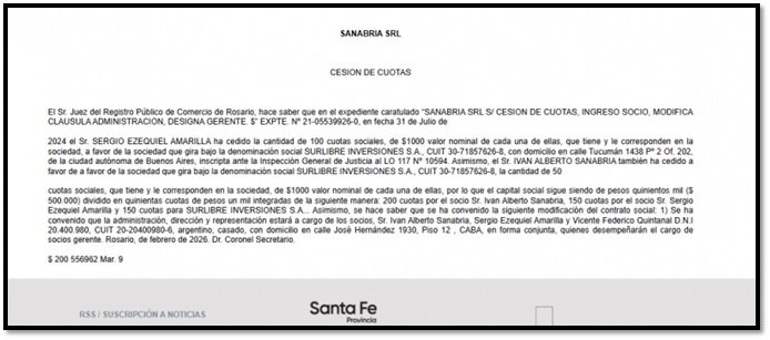Boletín Oficial donde se formaliza el ingreso de Surlibre Inversiones vinculada a Cerimedo